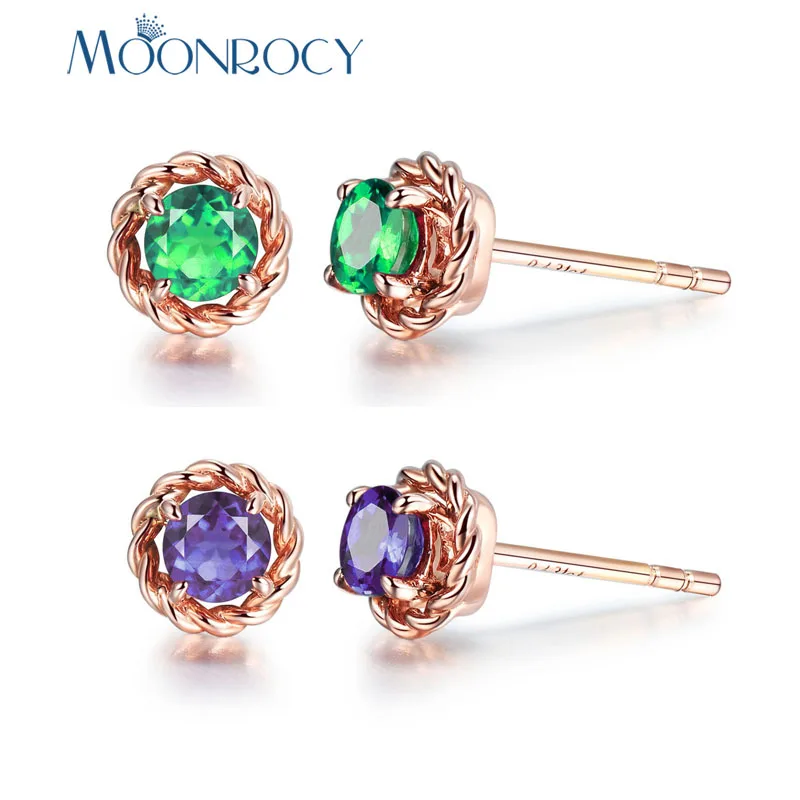 Серьги MOONROCY с фианитами розовое золото/серебро цвет зеленый синий фиолетовый