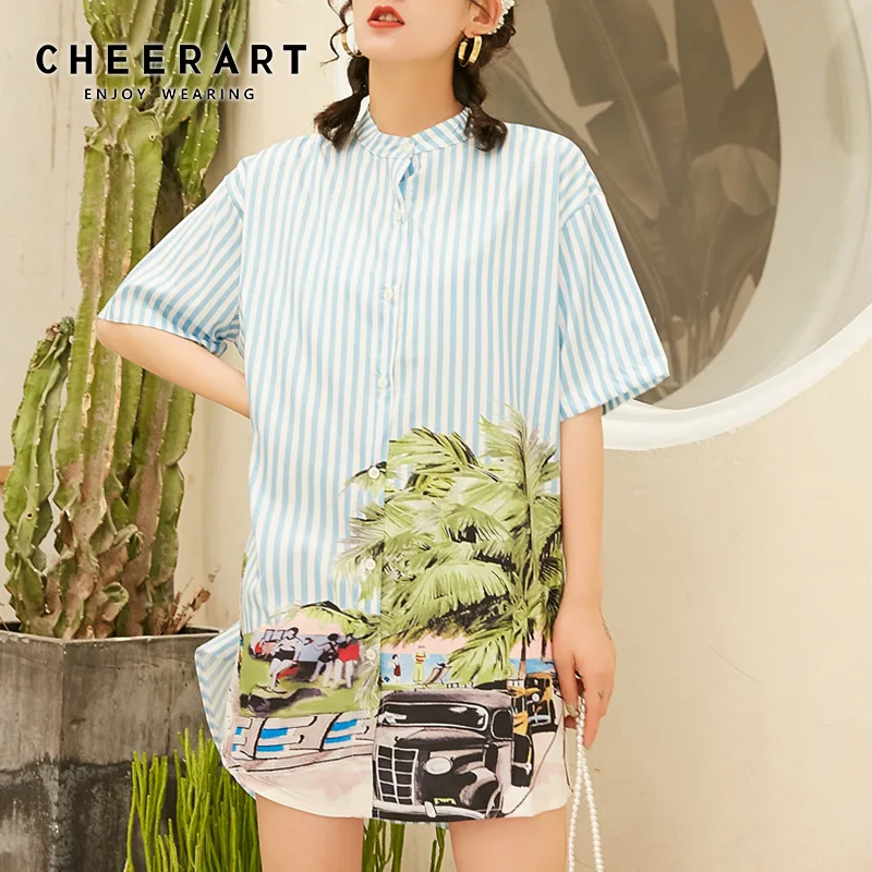 Cheerart полосатая рубашка Летняя Цветочная блузка и топ Женская рубашка с коротким рукавом и стоячим воротником корейская модная одежда