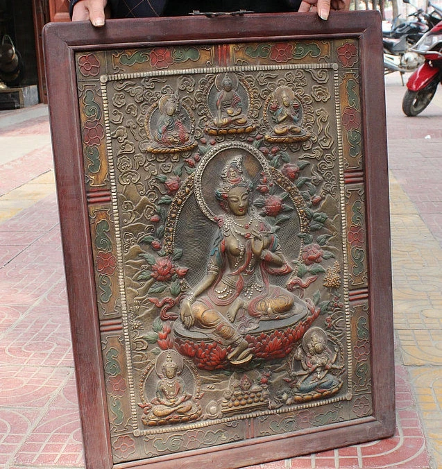 Tibet Wood Painting Green Tara Mahayana Buddhism enlightenment Goddess Thangka |