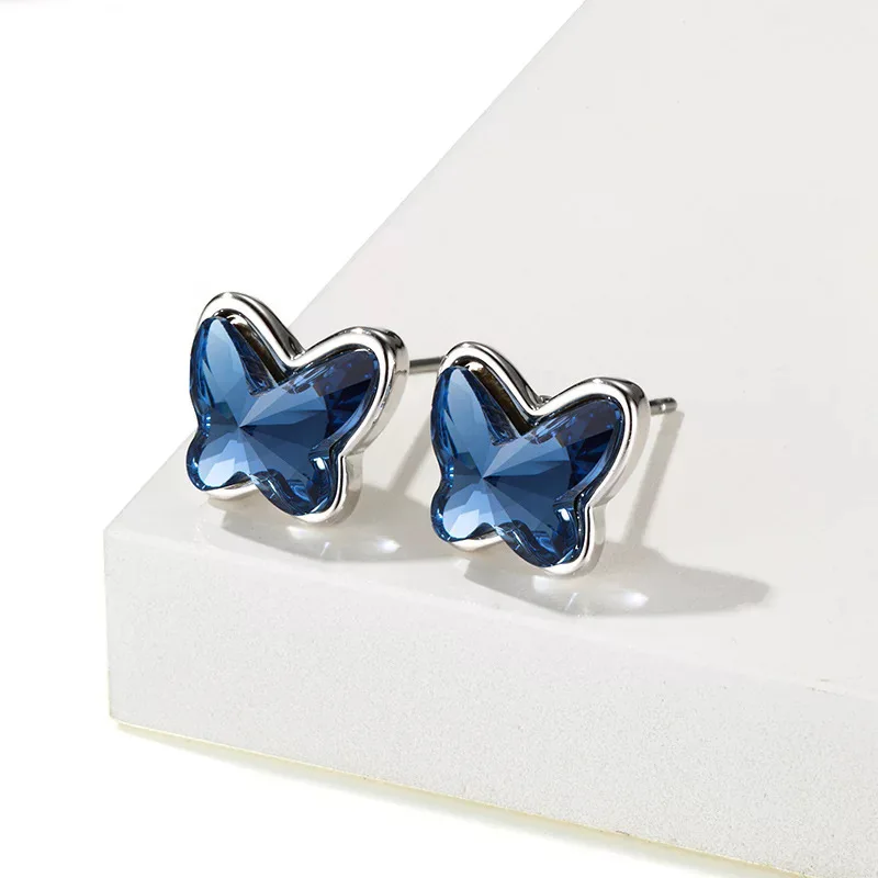 Женские милые серьги гвоздики BAFFIN синие бабочки с кристаллами Swarovski серебряный