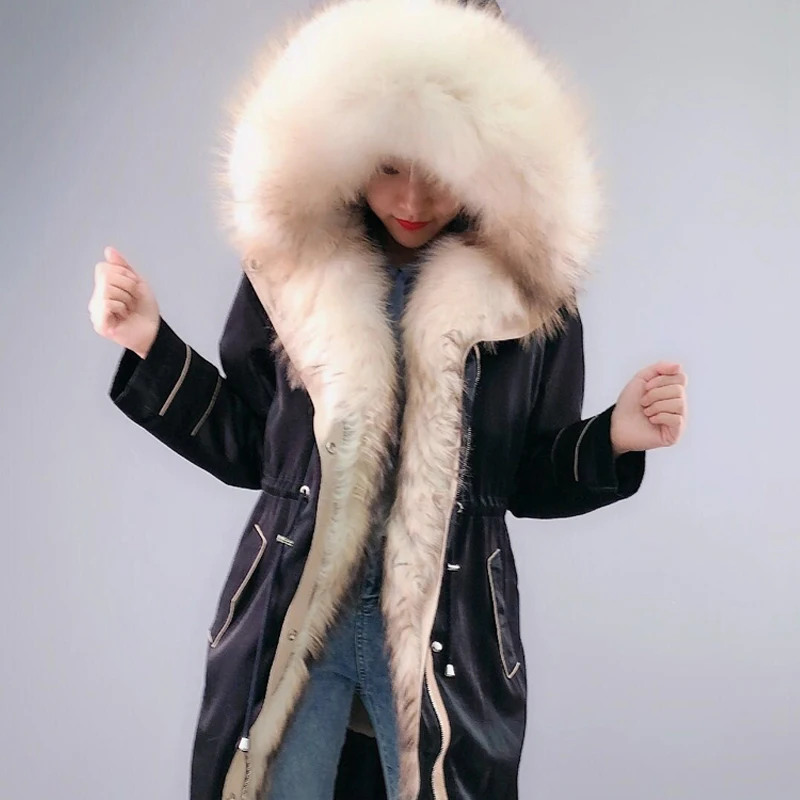 

Women Parka real rex rabbit fur liner plus fabric lining coat detachable raccoon fur collar three wearing mothed fur overcoat