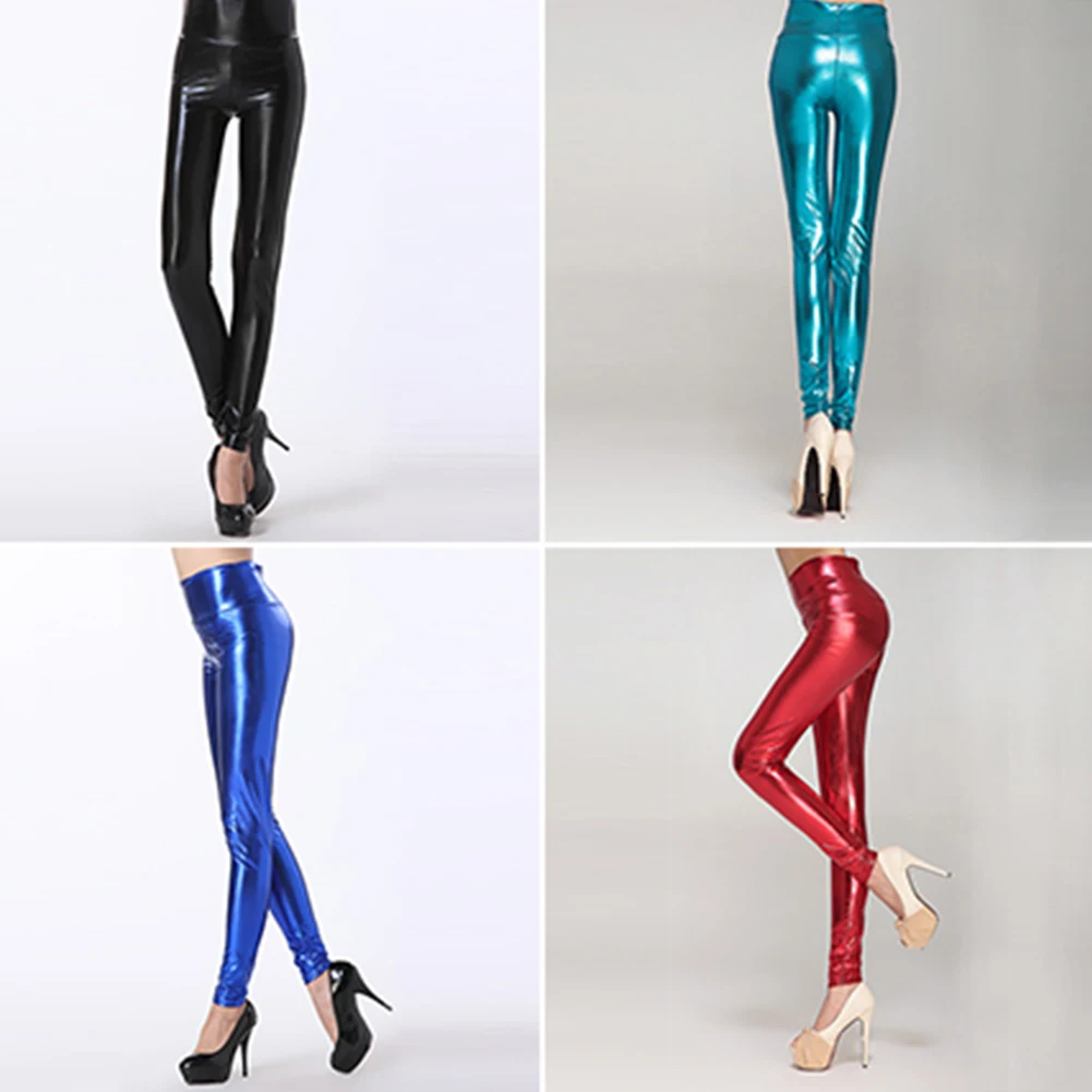Пикантные женские эластичные узкие брюки с высокой талией блестящие леггинсы из