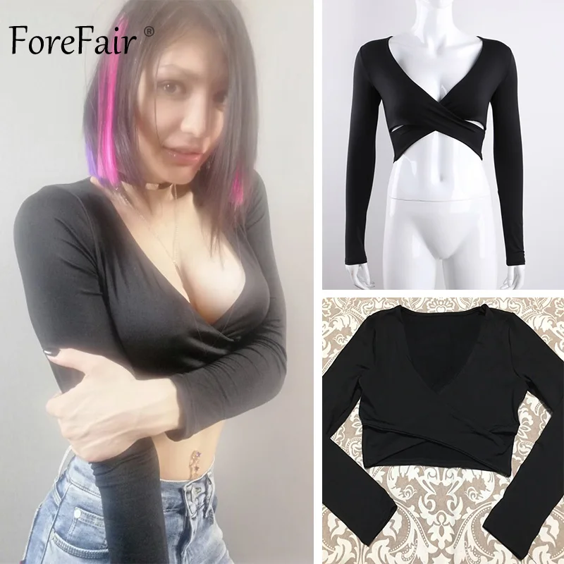 ForeFair тренд крест сексуальный укороченный Топ для женщин обертывание тонкие Топы Черный Белый Осень Зима футболка с длинным рукавом для женщин