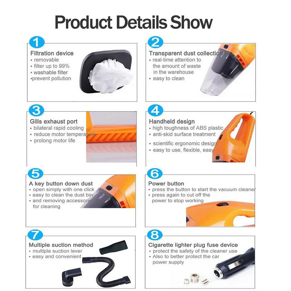 Портативный автомобильный пылесос для мокрой и сухой уборки 4000 мбар 120 Вт 12