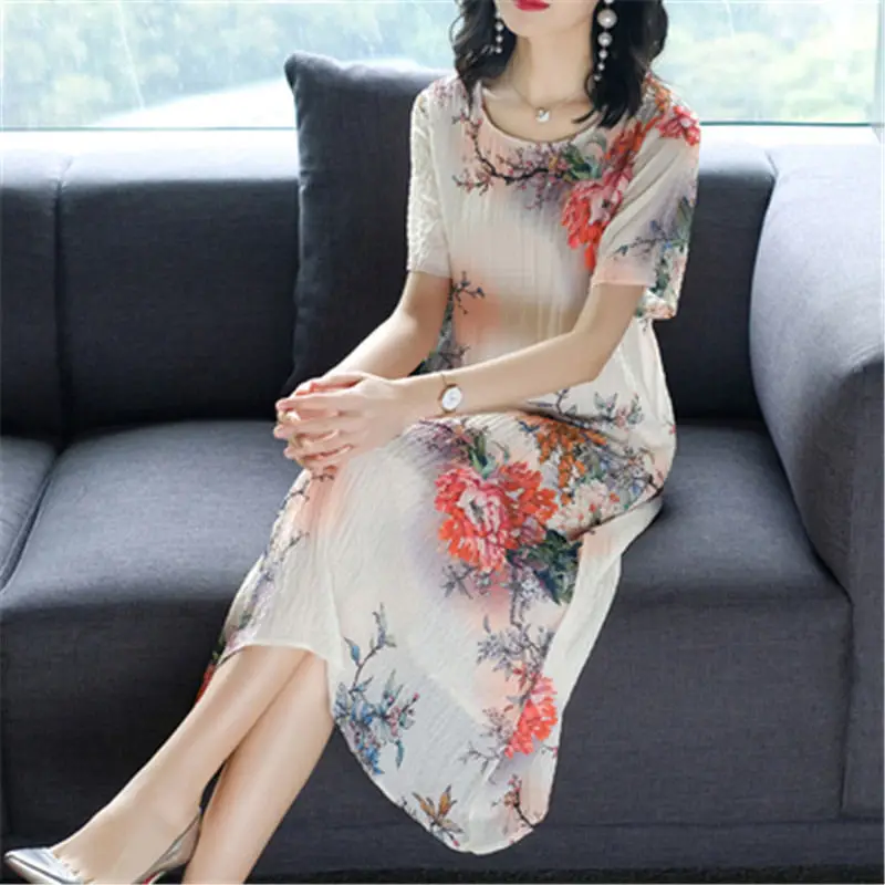 beige short sleeve Женское платье из искусственного шелка, женское платье на весну и лето, Новое Элегантное Свободное платье с коротким рукавом, большой размер, платье с принтом для женщин X608 - Цвет: beige short sleeve