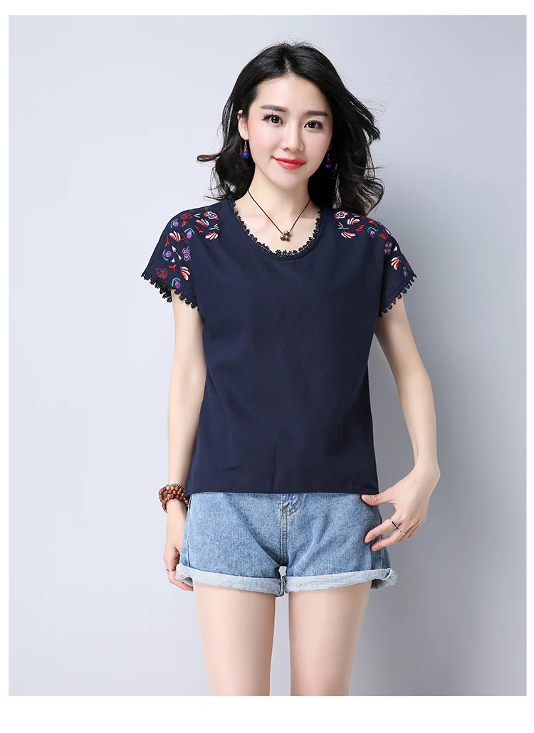 new summer women blouse shirt fashion casual o-neck female ladies tops floral embroidery solid women's clothing 0284 40