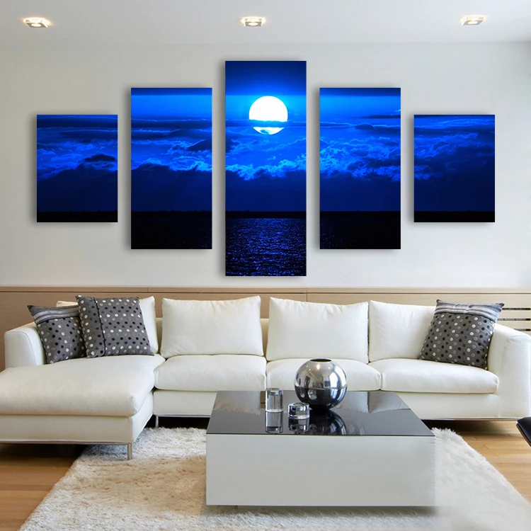 

5 Panel Wall Art Modern Moon And Cloud Paintings Print On Canvas HD Moon Nightscape Wall Picture For Living Room