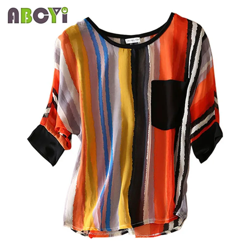 Blusas Femininas 2015 Summer Chiffon Blouse Women Patchwork Half Sleeve Pocket Vertical Striped Batwing Shirt Boho Tops A0039 |
