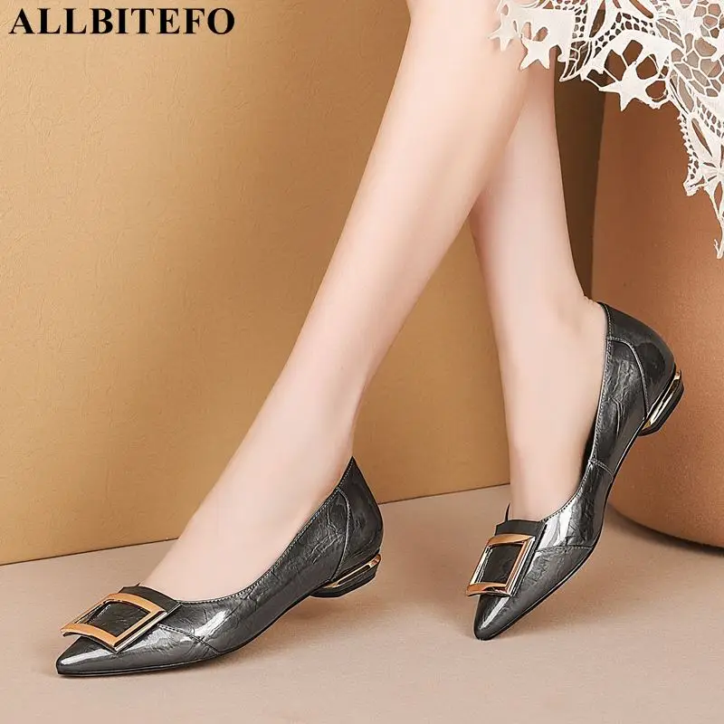 ALLBITEFO full genuine leather low-heeled comfortable office ladies shoes high quality women heels party women shoes size:33-43