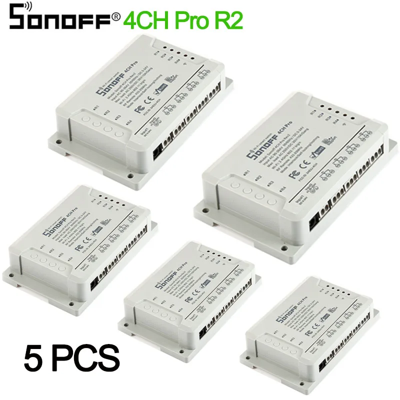 1-5 шт Sonoff 4CH pro R2 10A 4-канальный Wifi смарт-коммутатор 433 МГц RF Дистанционное Wifi освещение переключатель поддерживает 4 устройства работа с Alexa - Комплект: 4CH Pro R2 5 pcs