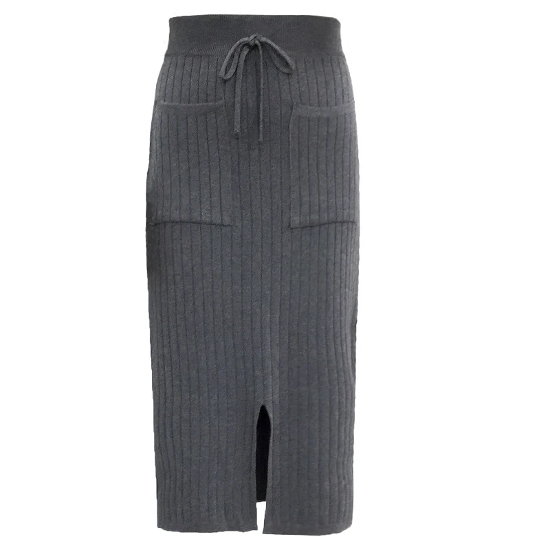 Осенне зимняя женская длинная юбка карандаш с разрезом и высокой талией вязаные