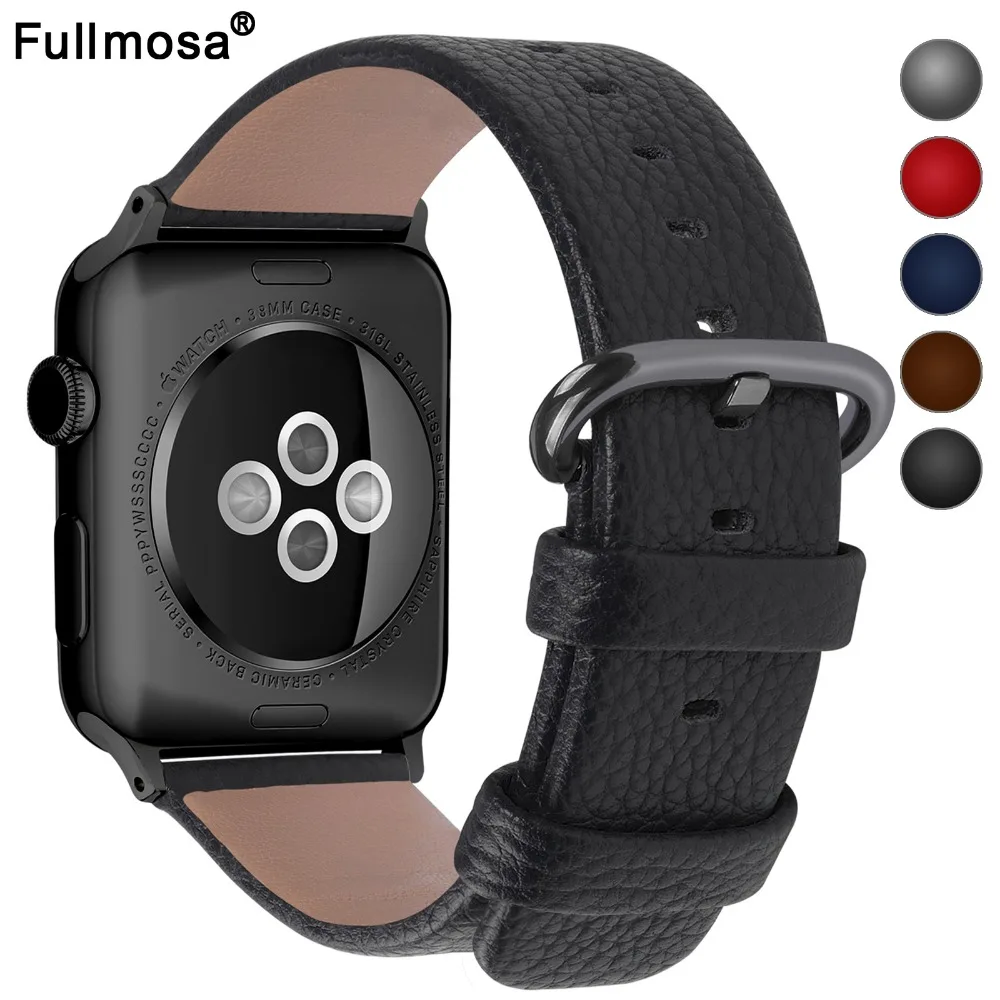 5 Colors Apple Watch Leather Band 45/44/42mm 41/40/38mm with Stainless Clasp, Strap for iWatch Series 7/6/SE/5/4/3