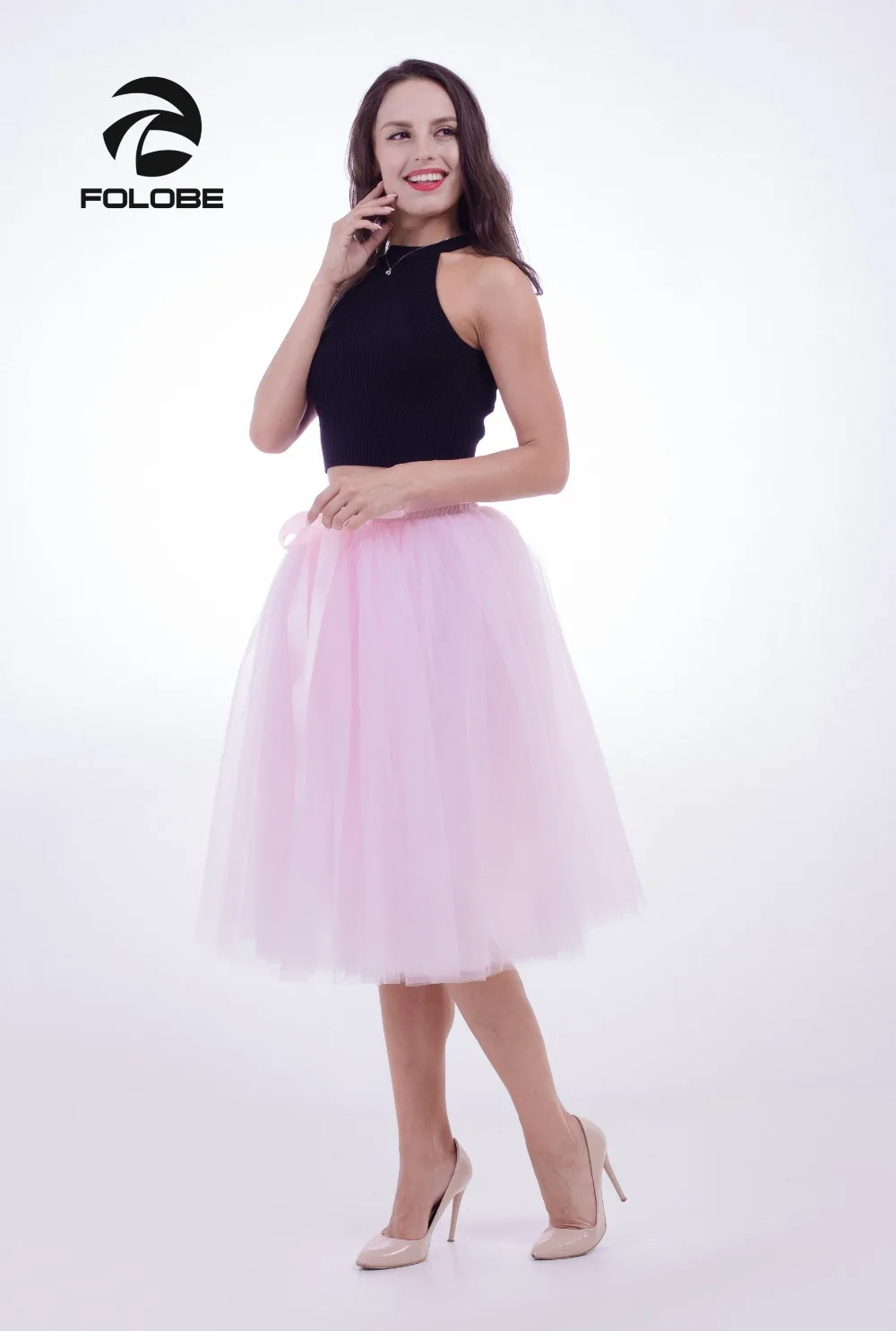 FOLOBE розовый 7 слоев миди тюль юбка пачка юбки женские юбочки эластичный пояс faldas