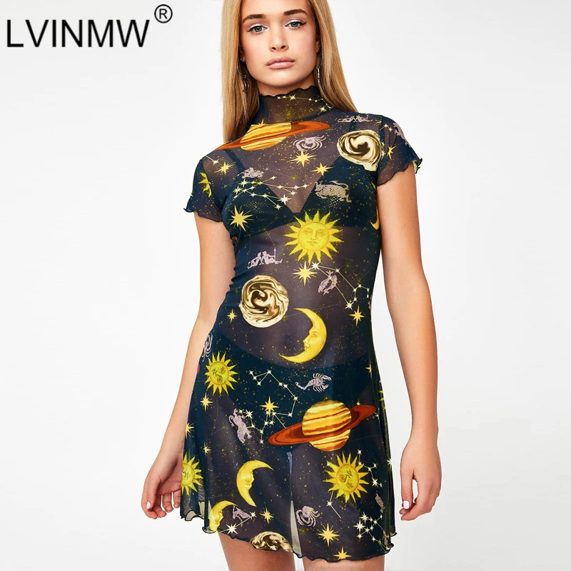 LVINMW пикантные сетчатые прозрачные Galaxy со звездным принтом плиссированное платье