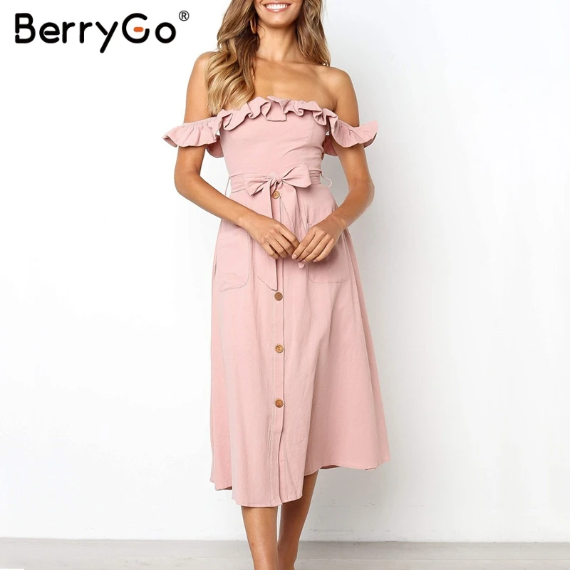 BerryGo Сексуальное женское платье с открытыми плечами, с рюшами, однотонное, на пуговицах, с поясом, летнее платье, эластичное, с высокой талией, платье для вечеринки, дамы миди платье
