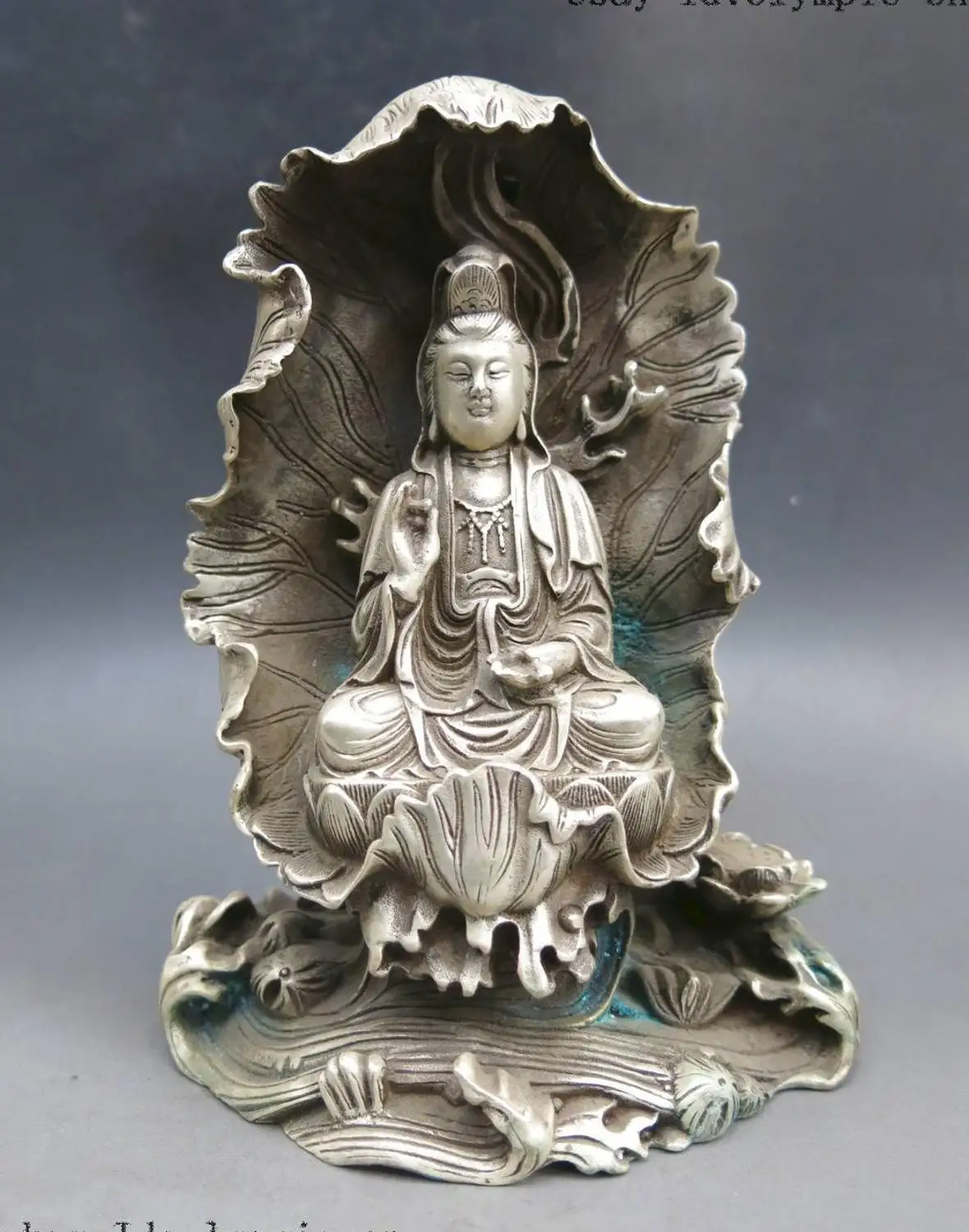 

7" China silver carved buddhism lotus flower Kwan-yin buddha sculpture Statue