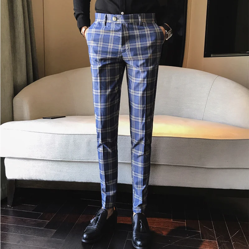 Брюки мужские клетчатые деловые повседневные приталенные до