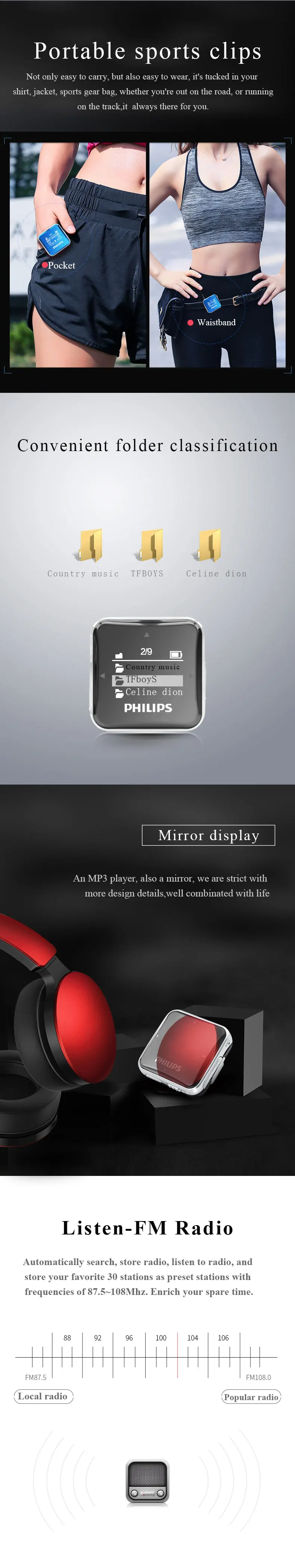 Новейший MP3-плеер PHILIPS SA2208, спортивный мини-плеер для студентов, запись FM, walkman SA2208