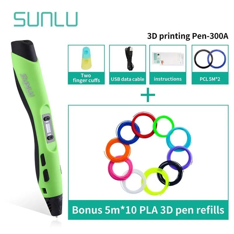 SL-300A-Green-5.10 SUNLU 3D печать Ручка для детей строчка с PLA нити заправки Подарочная коробка набор низкая температура 3D ручки для рисования - Цвет: SL-300A-Green-5.10