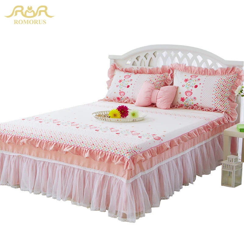 ROMORUS 3-Piece/Set Princess Lace Bed Skirt Set Pure Cotton Soft Sheet Quality Bedspread for Girls King Queen Full Twin Size | Дом и сад