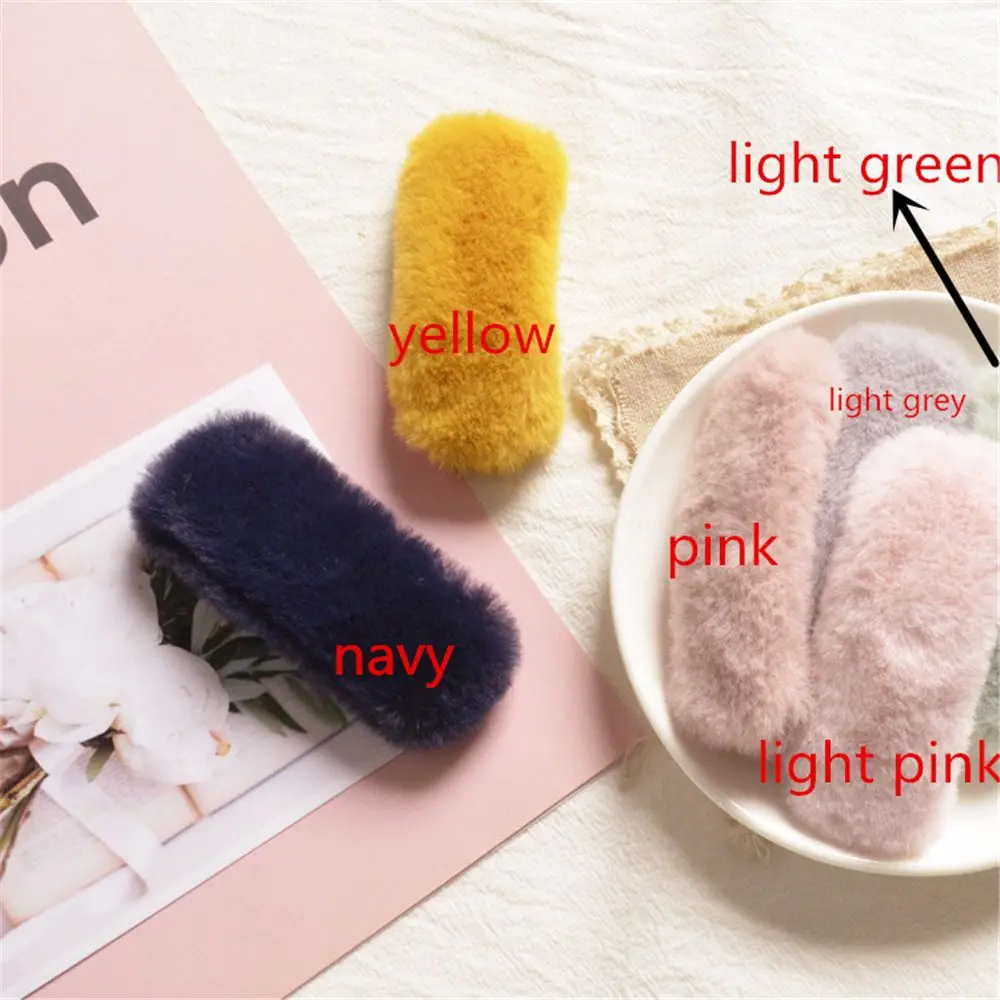 light green Корейская зимняя плюшевая повязка для волос, аксессуары для детей, однотонный цвет, искусственный мех, прямоугольная Шпилька, заколки для волос для девочек - Цвет: light green
