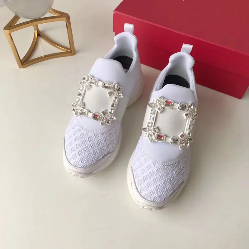 Hot Crystal Square Buckle Mesh Sneakers Women Genuine Leather Platform Thick bottom Flat Breathe Shoes Casual Shoes For Women - Цвет: white crystal buckle