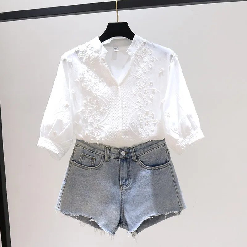 Новинка белая блузка с коротким рукавом и вышивкой женская одежда вырезами