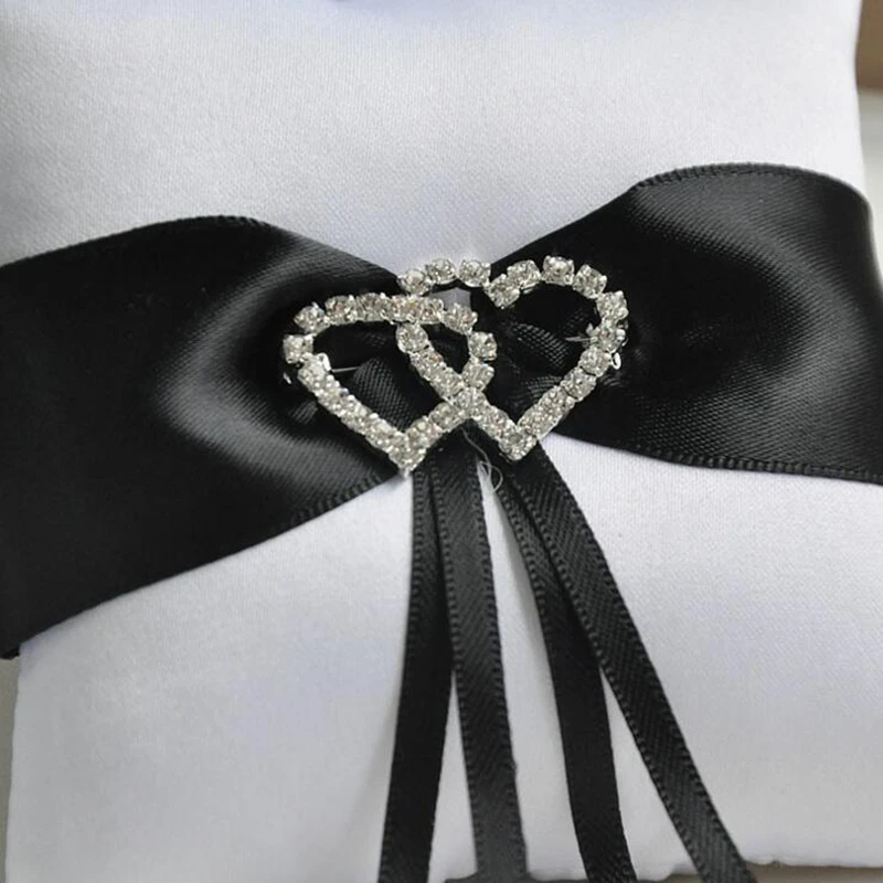 Черный обручальное кольцо Подушка лента бант стразы Двойное сердце сатиновая