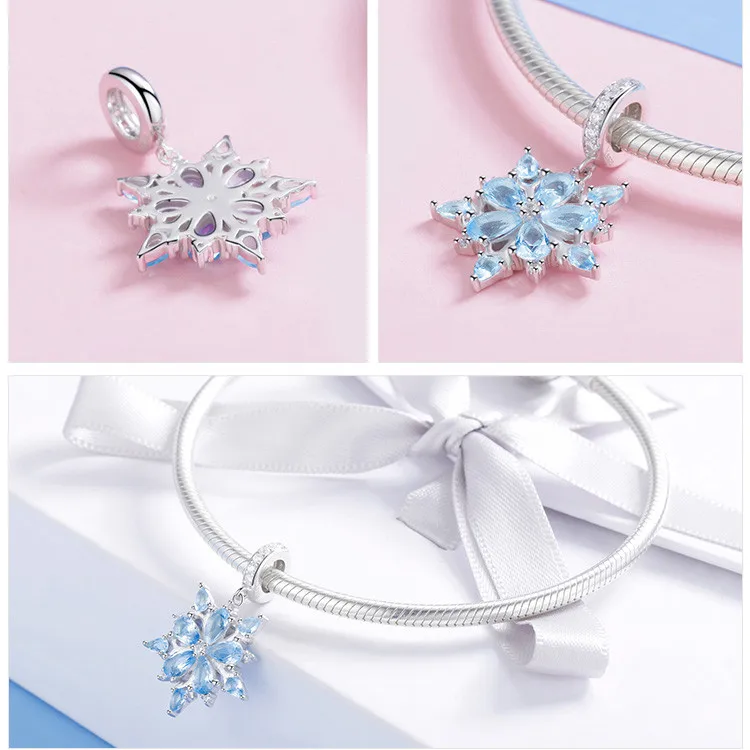 BISAER 925 Sterling Silver Blue CZ Winter Snowflake Crystal Beads for Women Jewelry Making Original Silver Charm Bracelet Gifts