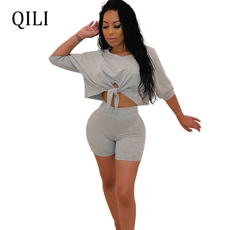 QILI Women Long Sleeve Set Summer Clothes Rompers Black Yellow Gray Crop Top+Shorts Bandage Biker Outfits For Womens | Женская одежда