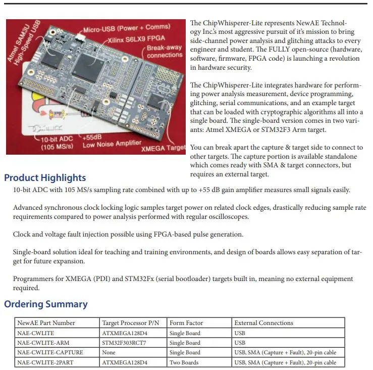 1 шт. x NAE-CW1173-2PART ChipWhisperer-Lite 2 части две платы включают захват и цель отдельно(только XMEGA TARGET