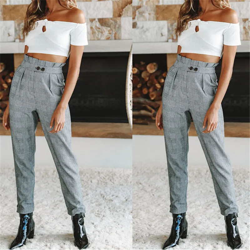 

Women Skinny OL Pencil Trousers Fashion Ladies Striped Stretch Slim High Waist Trousers Ruffles Loose Casual Button Long Pants