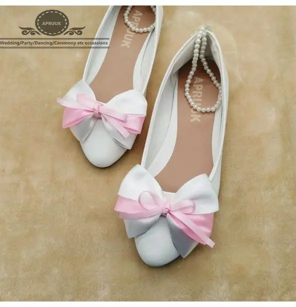 Туфли женские атласные с бантом свадебные туфли на плоской подошве ремешком