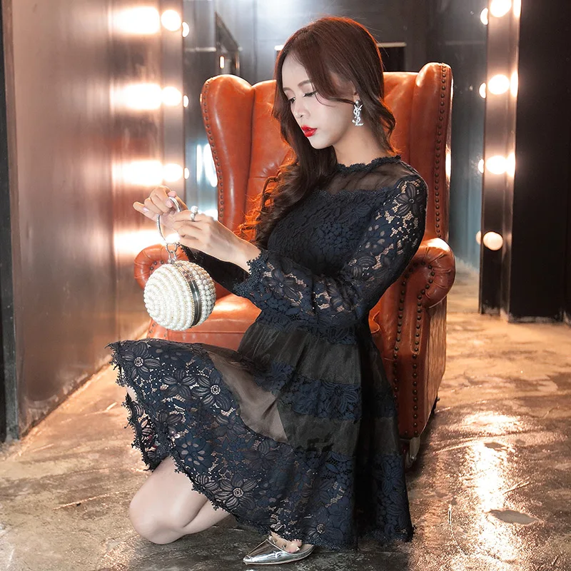 Женское кружевное платье с длинным рукавом элегантное тонкое в Корейском стиле