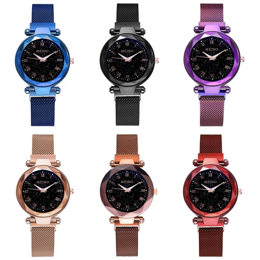 

Women Rose Gold Mesh Magnet Buckle Starry Watch Casual Luxury Women Geometric Surface Quartz Watches Relogio Feminino@50