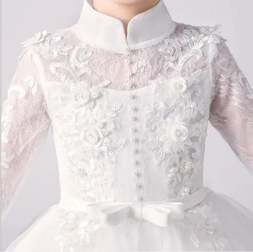 Fashion brand Handmade Lace Flower wedding Girls Dress With white Headband Long Sleeve Kids Pageant dress 4-12Y | Детская одежда и