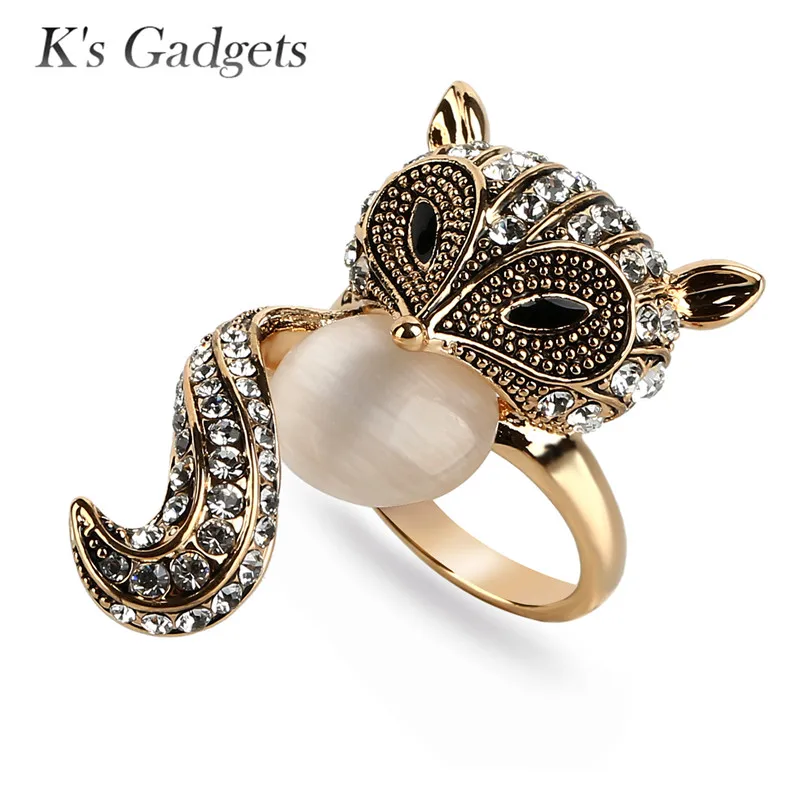 Животных Фокс кольца для Для женщин Природный камень опал Antique Rose Gold Цвет со