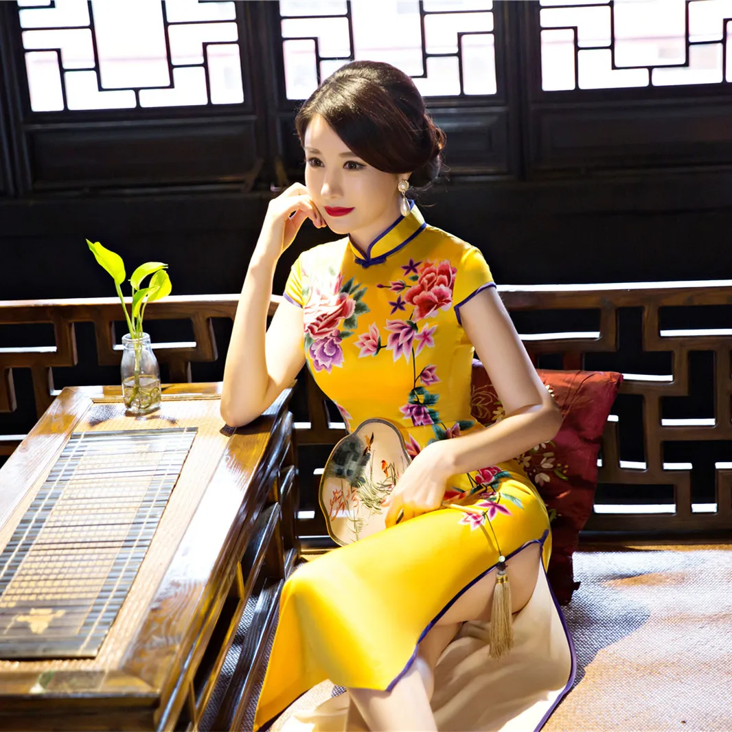 Платье-Ципао женское шелковое с длинным рукавом и вышивкой батальных размеров xxxl