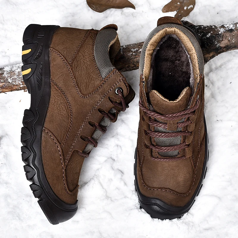 

Hot Outdoor Men's Hiking Shoes Two Layers of Leather Shoes Waterproof Non-Slip Trekking Snow Boots Sneakers Sports Walking shoes