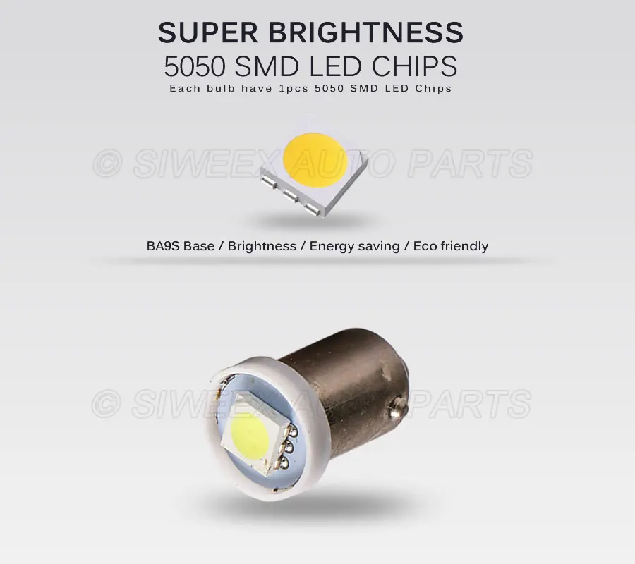 Фото 10 шт. T4W BA9S Автомобильные светодиодные лампы 1 SMD 5050 купольные подсветки номерного знака дверные фестоны чтения боковые габаритные лампы Бел... №2