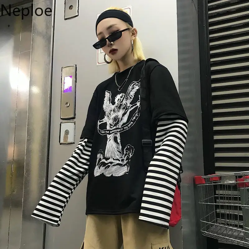 Neploe Harajuku футболка с длинным рукавом Женская принт в стиле пэчворк полоску О