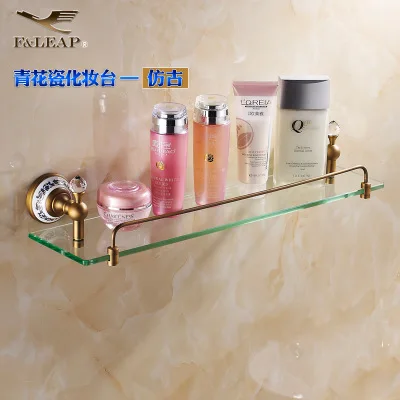 glass shelf Европейские антикварные аксессуары для ванной комнаты, латунные синие и белые фарфоровые двойные зубные чашки для ванной комнаты - Цвет: glass shelf