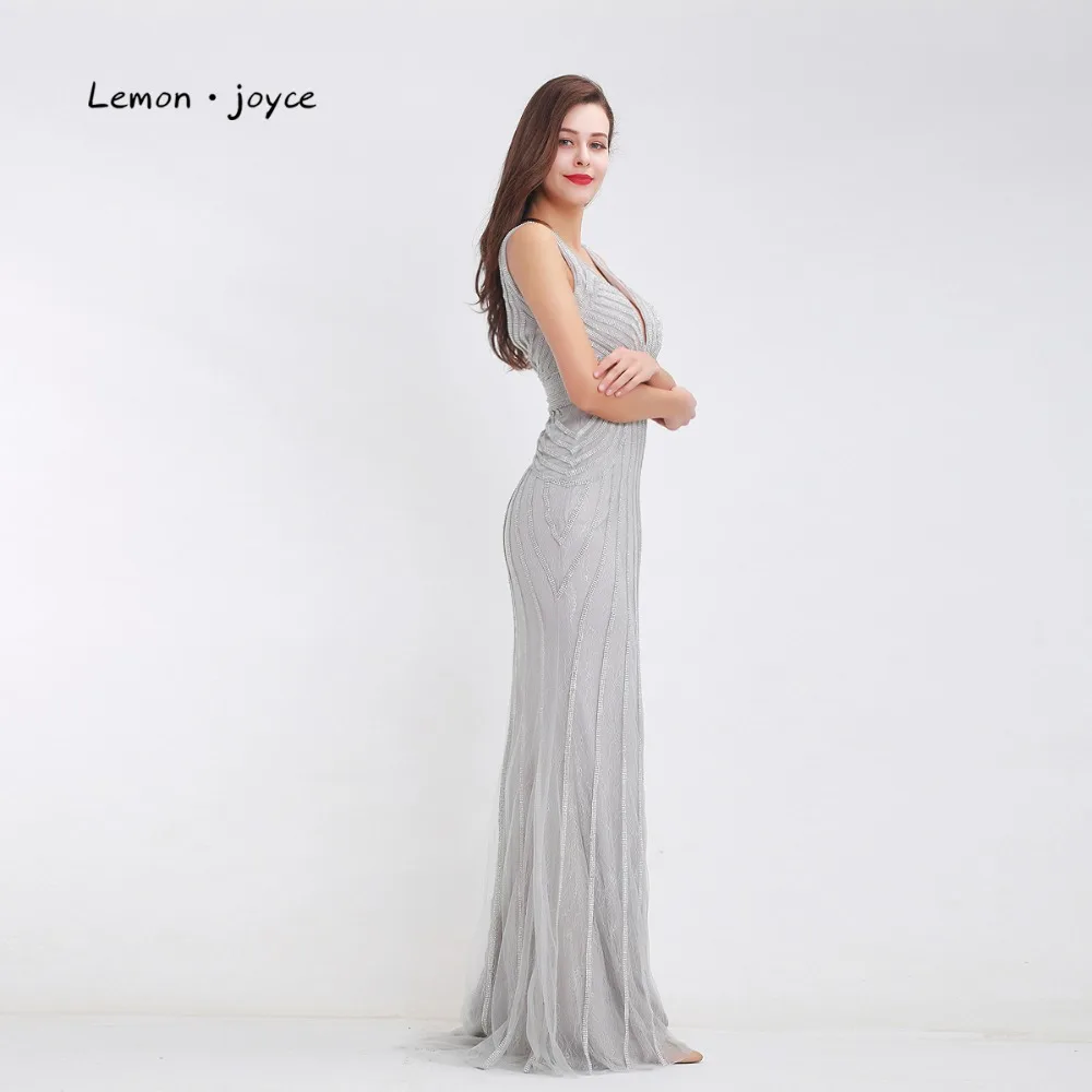 Lemon joyce Formal Gray Evening Dresses Long 2020 Sexy Deep V-Neck Backless Elegant Party Prom Gowns Plus Size | Свадьбы и торжества