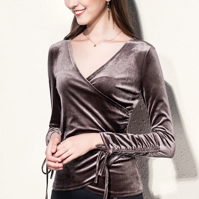 

Gold Velvet Top Women'S Fashion Sexy Cross V-Neck Bottoming Shirt Long Sleeves Inside Temperament Waist Small Shirt Spring