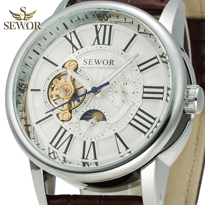 Мужские автоматические часы SEWOR модные механические с турбийоном и фазой Луны