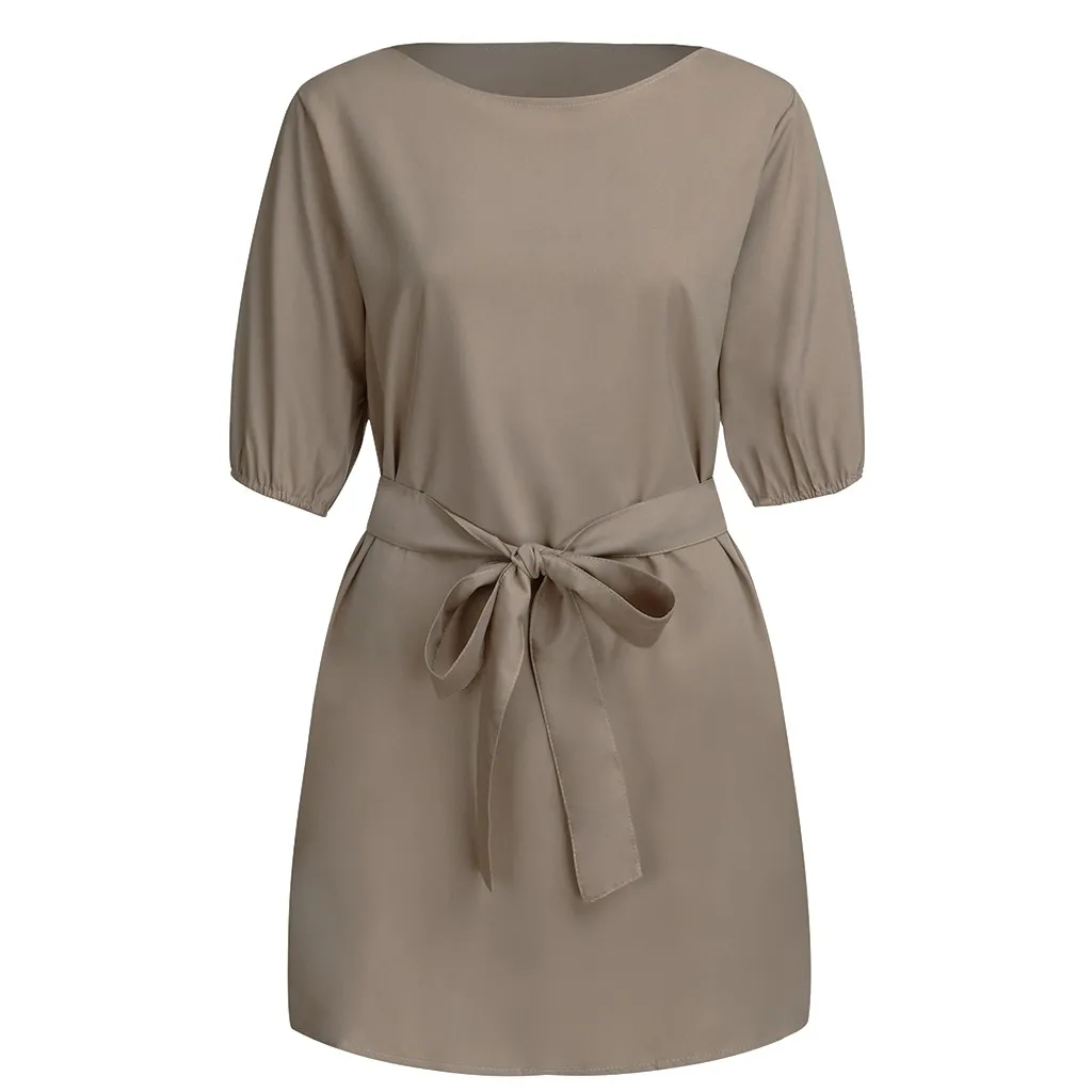 Летнее женское однотонное повседневное платье полусвободное с круглым вырезом