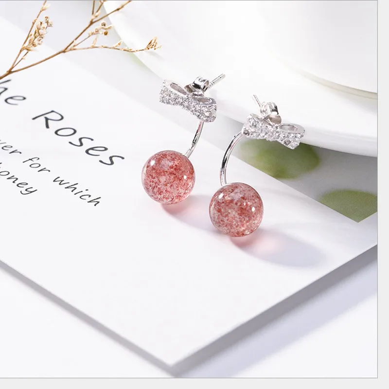 Uglyless Natural Strawberry Quartz Ball Stud Earrings Women Handmade Solid 925 Silver Bow Studs Detachable Dual Use Fine Jewelry | Украшения