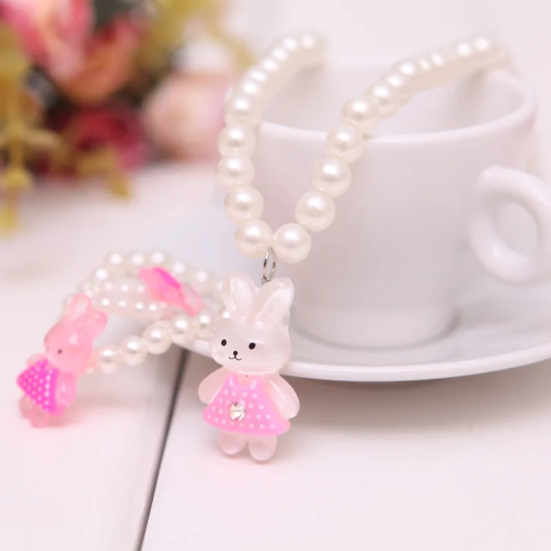 3Pcs/set Cute Kids Rabbit Pearl Necklace Bracelet Earrings Elastic Girls Fashion Princess Pink Children Kawaii Jewelry | Украшения и