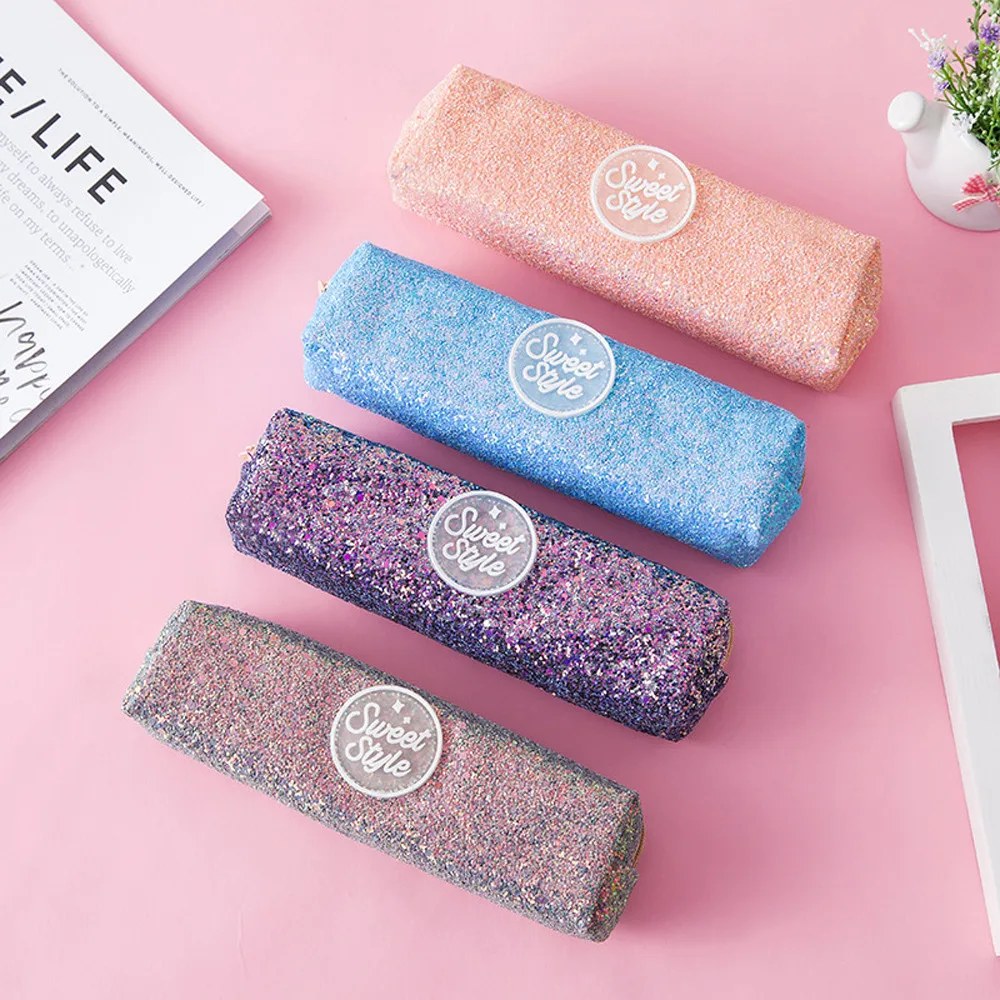 Студенческий детский большой пенал с блестками канцелярские