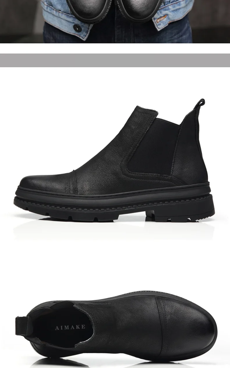 Plus Size 38-47 Chelsea Boots Men Winter Shoes Black Genuine Leather Thick sole Mens Footwear Warm Plush nonslip snow boots